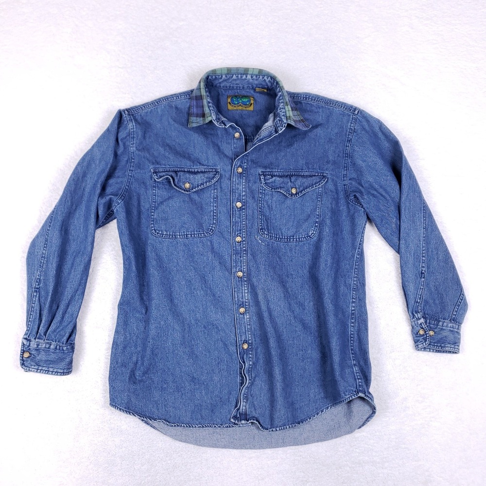 Native Habitat Vintage Plaid Collar Denim Shirt M Blue‎